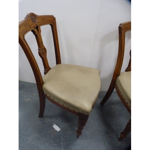 432 - Set of five late Victorian oak dining chairs with later upholstered seats.  (5)