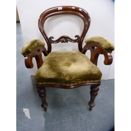 436 - Victorian mahogany serpentine-front open armchair,  the stuff-over seat upholstered in later ve... 