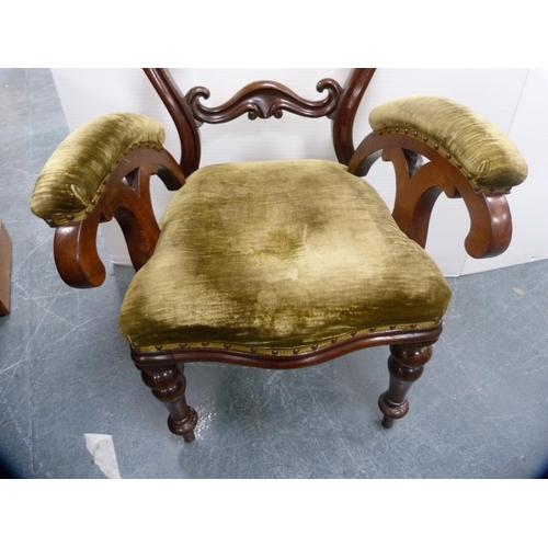 436 - Victorian mahogany serpentine-front open armchair,  the stuff-over seat upholstered in later ve... 