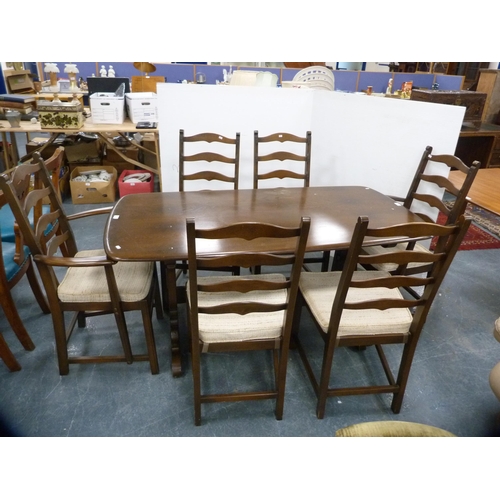 437 - Ercol refectory-style table and a set of six ladder-back chairs.