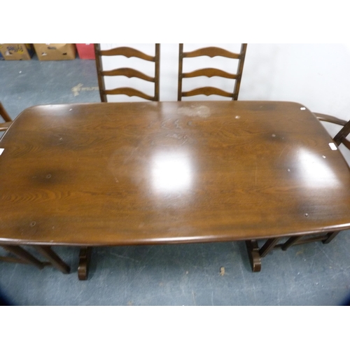 437 - Ercol refectory-style table and a set of six ladder-back chairs.