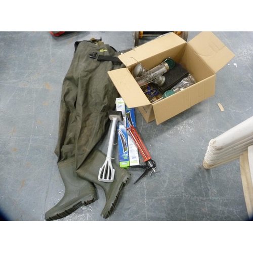 452 - Fishing equipment to include waders, bag etc., also a carton containing bird feeders, wiper blades, ... 