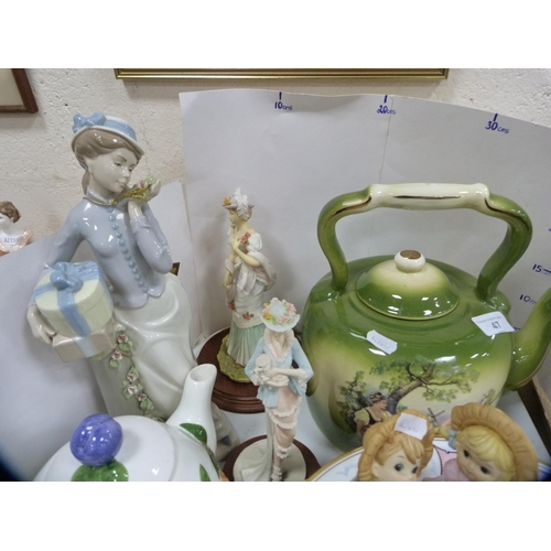 47 - Four bisque figures, other figures, large ornamental teapot, plates etc.