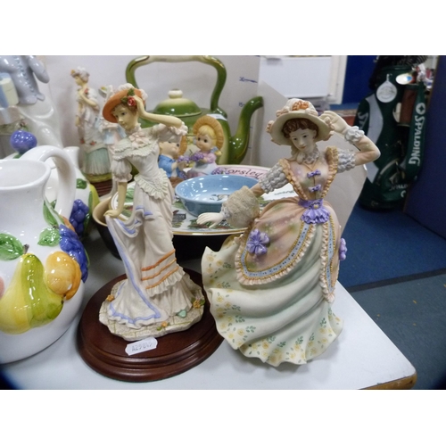 47 - Four bisque figures, other figures, large ornamental teapot, plates etc.