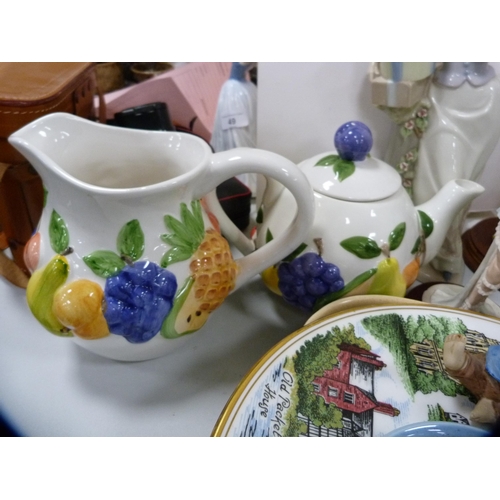 47 - Four bisque figures, other figures, large ornamental teapot, plates etc.