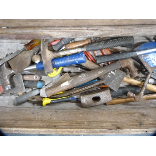 472 - Antique wooden toolbox containing assorted hand tools etc.