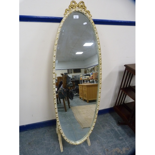 481 - French-style cream painted cheval mirror.