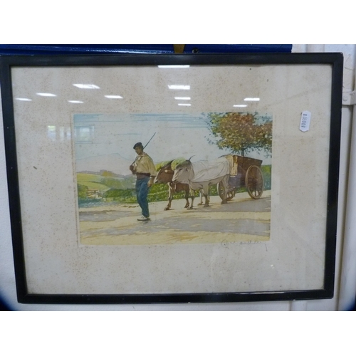 61 - Framed print of a cart pulled by oxen.