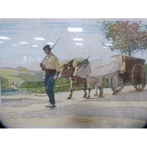 61 - Framed print of a cart pulled by oxen.