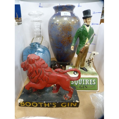 63 - Cut glass decanter, art pottery vase signed 'Muller', Booth's Gin advertising figure, Squire's Gin a... 