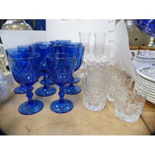 65 - Set of six blue glass red wine glasses and a matching set of white wine glasses, also cut glass whis... 