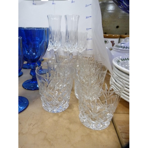 65 - Set of six blue glass red wine glasses and a matching set of white wine glasses, also cut glass whis... 