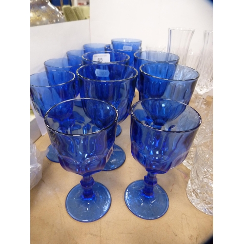 65 - Set of six blue glass red wine glasses and a matching set of white wine glasses, also cut glass whis... 