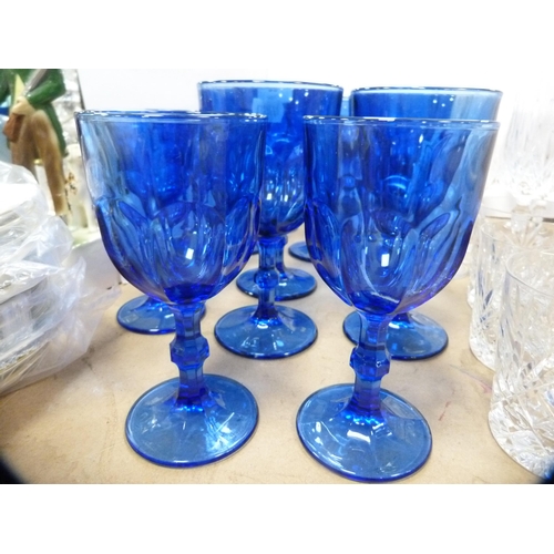 65 - Set of six blue glass red wine glasses and a matching set of white wine glasses, also cut glass whis... 