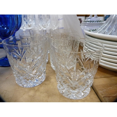 65 - Set of six blue glass red wine glasses and a matching set of white wine glasses, also cut glass whis... 