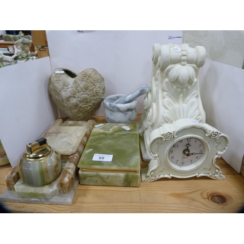 69 - Marble desk set, agate cigarette box, clock, pair of wall sconces etc.