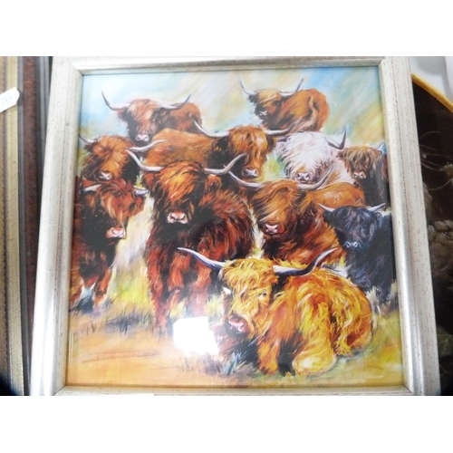 72 - Framed tile, print of highland cattle, collector's plates, model cat etc.