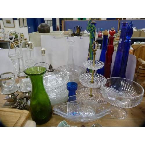 80 - Collection of glassware to include decanters, coloured glass bottles, sweet stand etc.