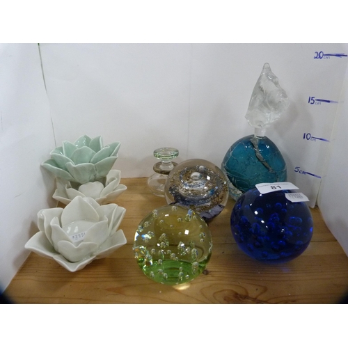 81 - Four various paperweights, signed crackle ware vase, scent bottle etc.