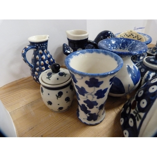 83 - Pair of strawberry storage jars, collection of miniature blue and white teawares, vases, leaf moulde... 