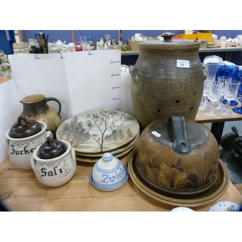 84 - Set of three large stoneware plates, stoneware cheese dish and cover, similar crock, jugs etc.