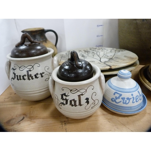 84 - Set of three large stoneware plates, stoneware cheese dish and cover, similar crock, jugs etc.