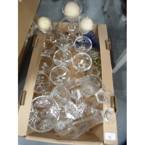 88 - Collection of various glassware including candelabrum, candlesticks, sundae dishes etc.