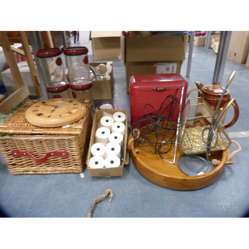 90 - Red metal sewing box and contents, wooden tray, terrarium, wicker basket, adding machine, storage ja... 