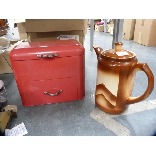 90 - Red metal sewing box and contents, wooden tray, terrarium, wicker basket, adding machine, storage ja... 