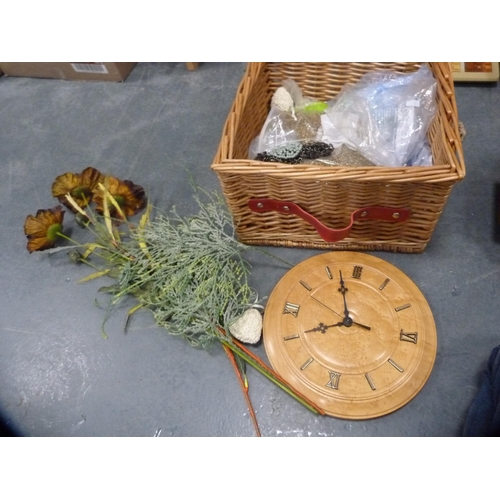 90 - Red metal sewing box and contents, wooden tray, terrarium, wicker basket, adding machine, storage ja... 