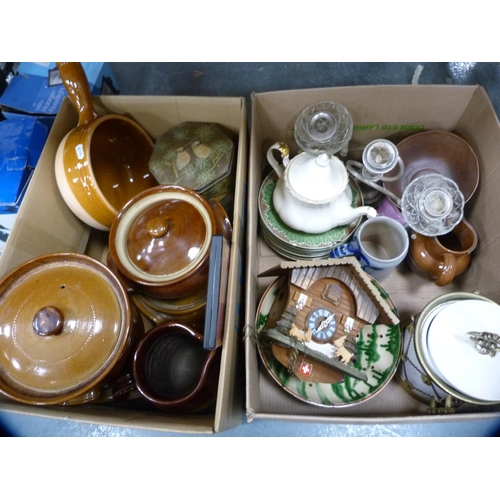 91 - Collection of various stoneware crocks, jugs, tin, cuckoo clock etc.