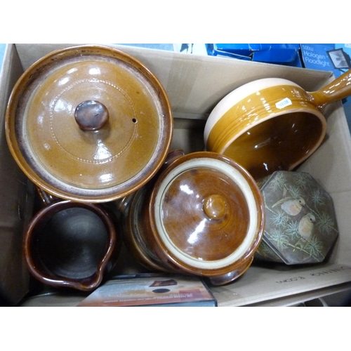 91 - Collection of various stoneware crocks, jugs, tin, cuckoo clock etc.