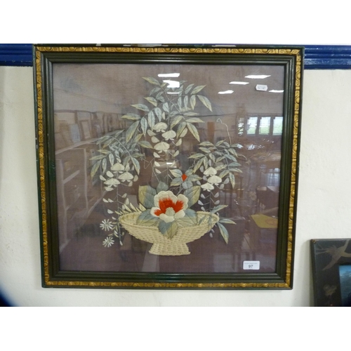 97 - Antique Japanese needlework depicting a basket of flowers and two other oriental pictures.