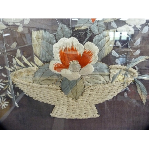 97 - Antique Japanese needlework depicting a basket of flowers and two other oriental pictures.