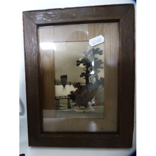 97 - Antique Japanese needlework depicting a basket of flowers and two other oriental pictures.