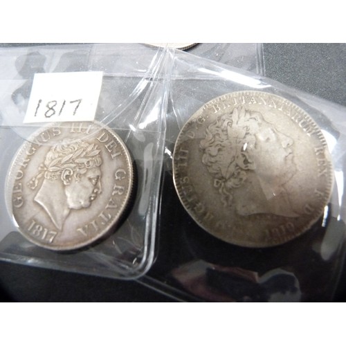 187 - Regency silver crown, dated 1819, a Regency silver half crown dated 1817, and a George IV coin dated... 