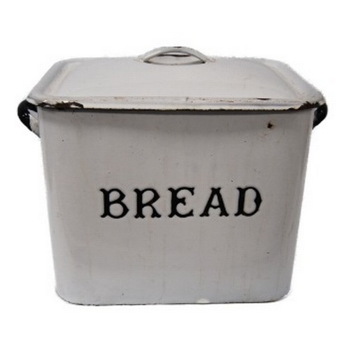 White enamel bread bin and red fire bucket.