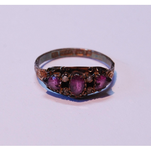 76 - Late Victorian 15ct gold amethyst and seed pearl ring set with three amethysts interspersed by two r... 