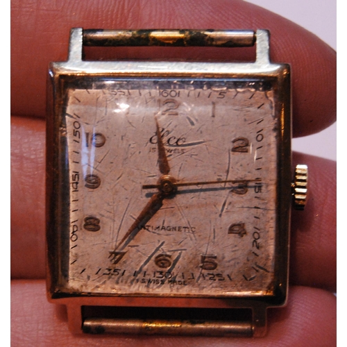 136 - Elco 9ct gold 15 jewels gent's manual wind watch, c. 1950s, in square case with silvered dial, Arabi... 