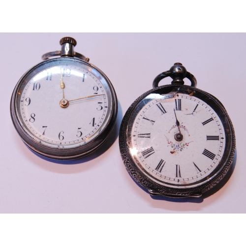 121 - Two continental silver-cased open face ladies' fob watches, one stamped 0.935, 54.6g gross.  (2... 