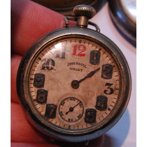 122 - Vintage Ingersoll 'Wrist' watch in white metal case, with Arabic numerals and seconds dial, another ... 