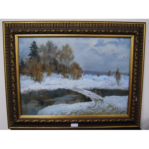 297 - Petro Magro (20th Century, Continental)Village under Snow (Peace) 1994Signed, oil on canvas, 40cm x ... 