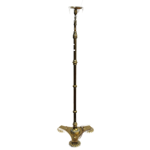 344 - Brass extending floor lamp, c. early 20th century, the knopped column on shaped platform base and ci... 