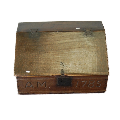 347 - 18th century oak bible box, the hinged slope enclosing two short drawers, inscribed 'AM 1785' to fri... 