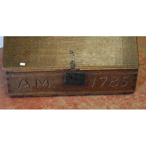 347 - 18th century oak bible box, the hinged slope enclosing two short drawers, inscribed 'AM 1785' to fri... 