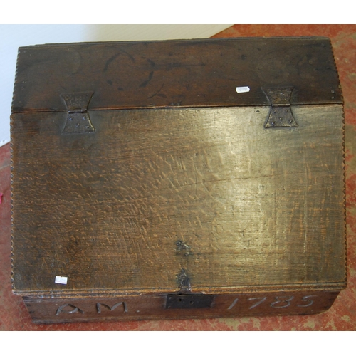 347 - 18th century oak bible box, the hinged slope enclosing two short drawers, inscribed 'AM 1785' to fri... 