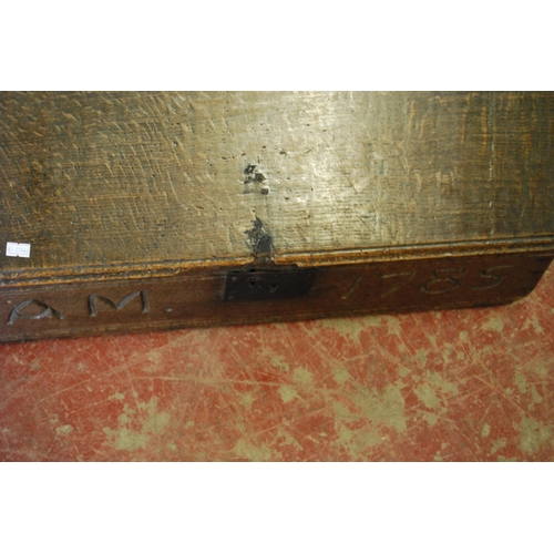 347 - 18th century oak bible box, the hinged slope enclosing two short drawers, inscribed 'AM 1785' to fri... 