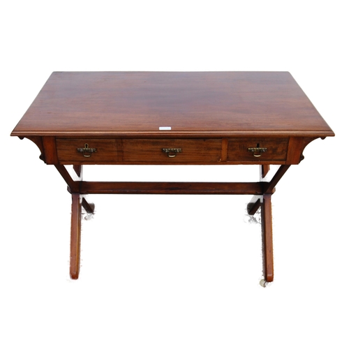 349 - Mahogany campaign-style writing table, c. early 20th century, with large pull-out drawers containing... 