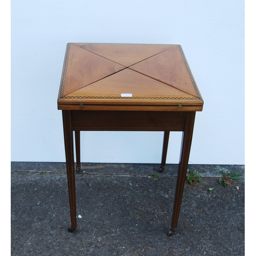 351 - Edwardian marquetry inlaid envelope card table, with all over chequered coromandel and satinwood inl... 