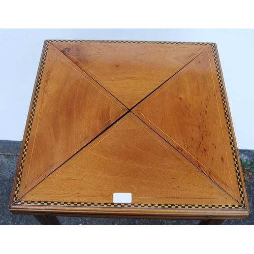 351 - Edwardian marquetry inlaid envelope card table, with all over chequered coromandel and satinwood inl... 